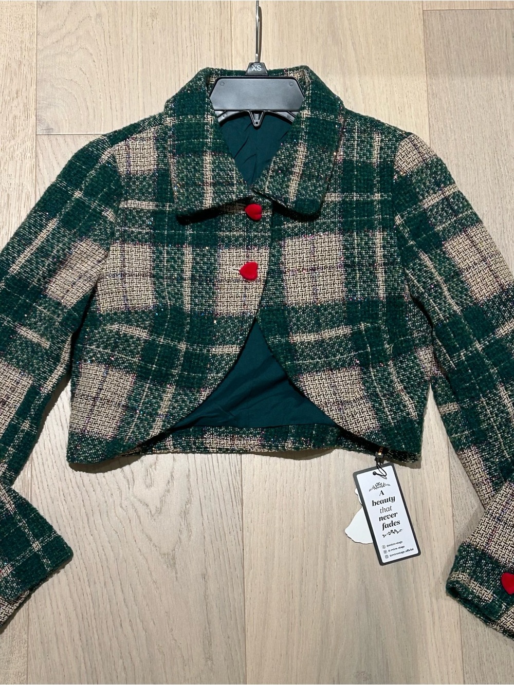 Green Plaid Shimmer Blazer with Heart Shaped Buttons